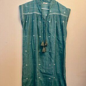 Joshi Tunic Dress Print Green Blue Tassel Cuff sleeve Size Large